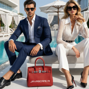 Two well-dressed people sitting beside a modern luxury pool with white cabanas and a red JAVASCAPE AI handbag in front.
