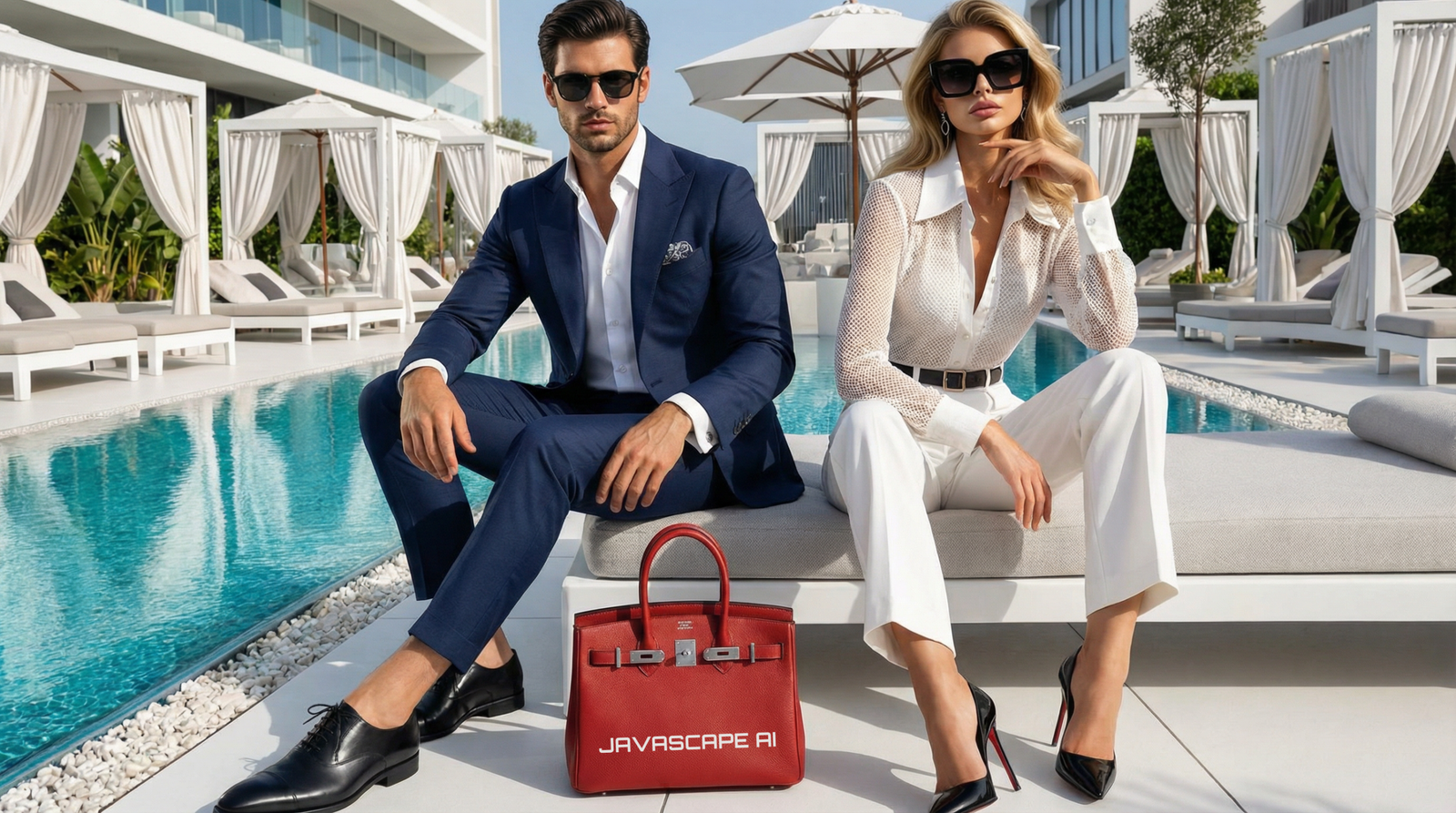 Two well-dressed people sitting beside a modern luxury pool with white cabanas and a red JAVASCAPE AI handbag in front.