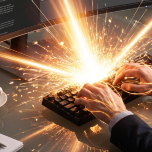 Hands typing on a keyboard at a glass desk with glowing orange light effects, a code-filled monitor, coffee cup, notebook, pens, and mouse.