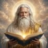 FAITH & PURPOSE Majestic depiction of God the Father with a glowing halo, white beard, gold robe, and radiant open book among heavenly clouds.