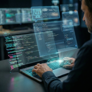 Person using a laptop with holographic PROMPT Mate Pro interface panels and code-style screens for AI prompt engineering.