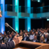 Professional man speaking at a podium with a microphone before a seated audience in a formal public event venue.