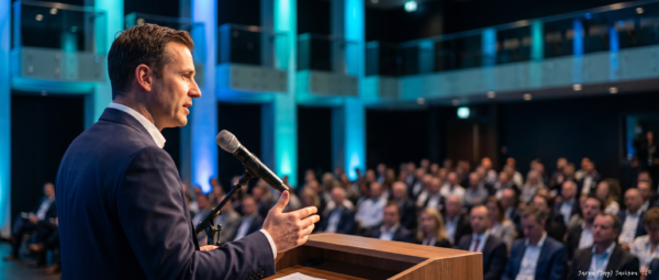 Professional man speaking at a podium with a microphone before a seated audience in a formal public event venue.