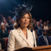 Professional woman speaking at a podium before a seated audience in a formal civic event setting.