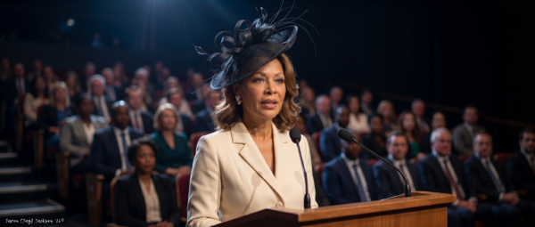 Professional woman speaking at a podium before a seated audience in a formal civic event setting.