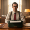 Professional man seated at a wooden desk with a typewriter in a traditional office with papers, bookshelves, lamps, and framed portraits.