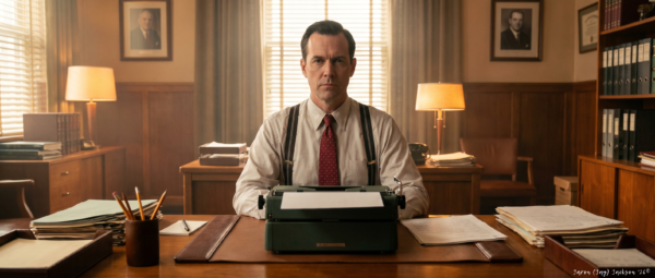 Professional man seated at a wooden desk with a typewriter in a traditional office with papers, bookshelves, lamps, and framed portraits.
