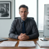 Professional man seated at a conference table beside a whiteboard labeled communication strategy, with documents, a laptop, and small U.S. and U.K. flags nearby.