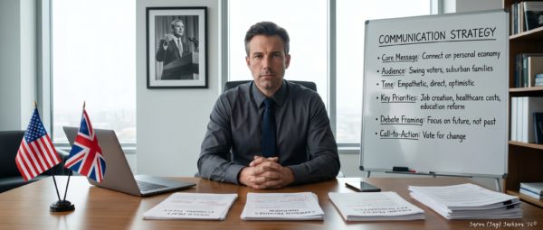 Professional man seated at a conference table beside a whiteboard labeled communication strategy, with documents, a laptop, and small U.S. and U.K. flags nearby.