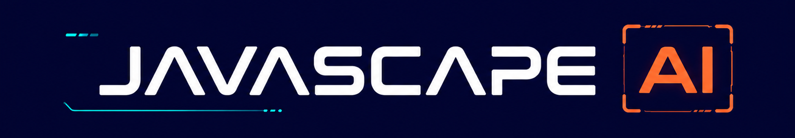 JAVASCAPE AI horizontal logo with white lettering, cyan accent lines, and an orange AI badge on a dark navy background.