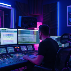 Audio professional working in a neon-lit studio with mixing consoles, studio monitors, DAW screens, spectrum analysis, and JAVASCAPE AI branding for Mastering Engineer Pro.