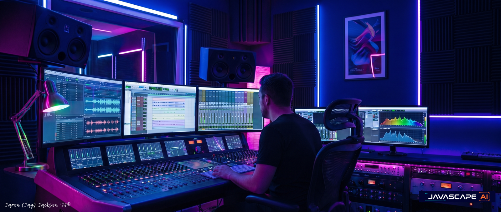 Mastering Engineer Pro - javascapeai.com Audio professional working in a neon-lit studio with mixing consoles, studio monitors, DAW screens, spectrum analysis, and JAVASCAPE AI branding for Mastering Engineer Pro.