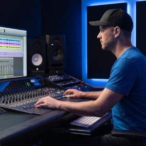 Audio engineer working at a mixing console in a blue-lit recording studio with studio monitors, a DAW session on screen, and JAVASCAPE AI branding.