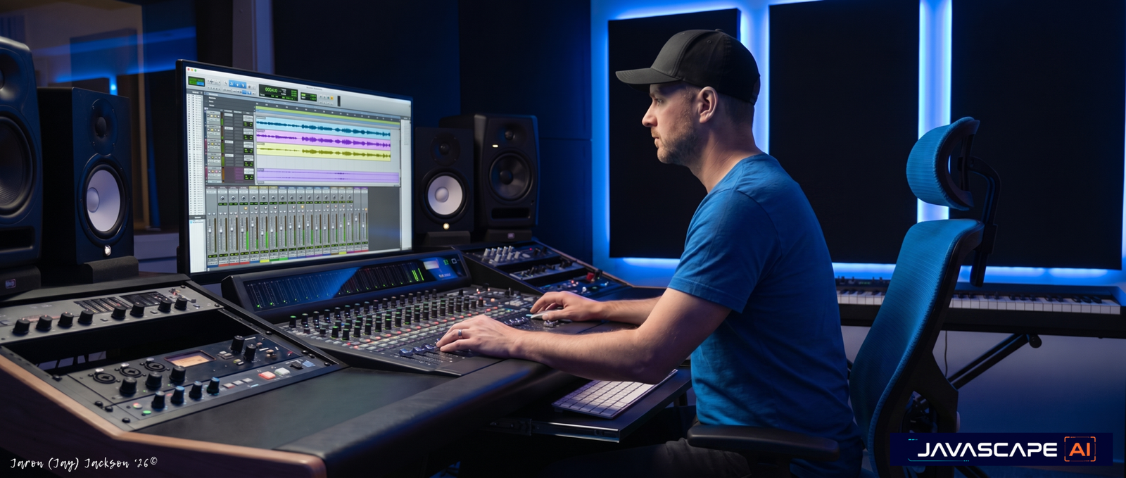 Mix Engineer Pro - javascapeai.com Audio engineer working at a mixing console in a blue-lit recording studio with studio monitors, a DAW session on screen, and JAVASCAPE AI branding.