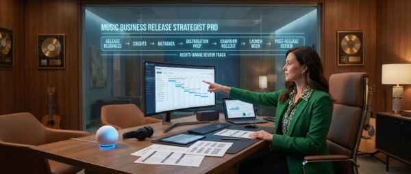 Music business strategist reviewing a release planning dashboard with stages for release readiness, credits, metadata, distribution prep, campaign rollout, launch week, and post-release review.