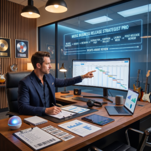 Music business release strategist reviewing a release planning dashboard with stages for release readiness, credits, metadata, distribution prep, campaign rollout, launch week, and post-release review.