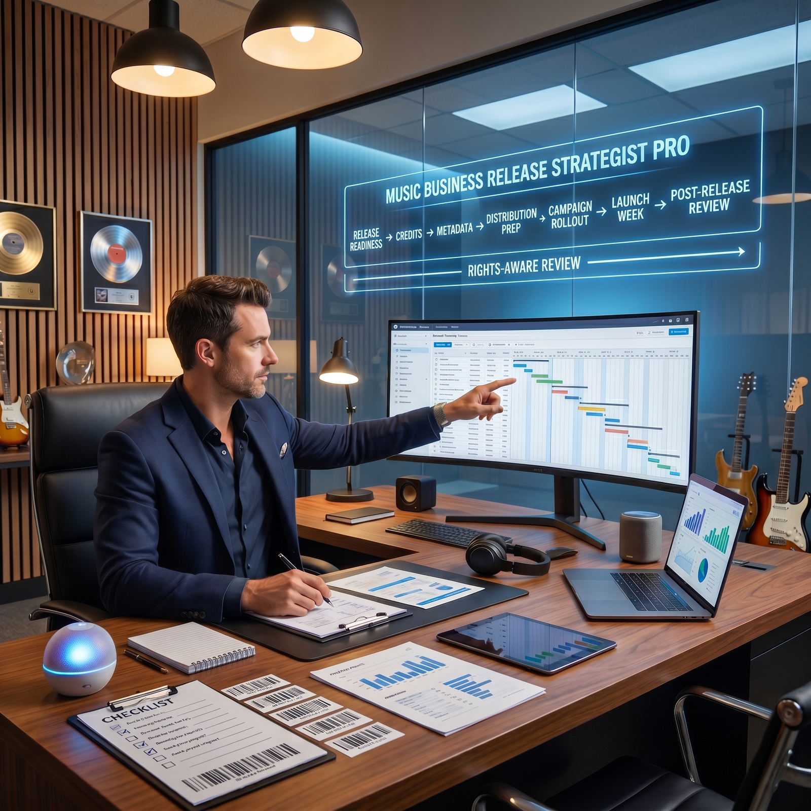 Music business release strategist reviewing a release planning dashboard with stages for release readiness, credits, metadata, distribution prep, campaign rollout, launch week, and post-release review.