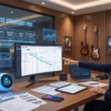 Music business strategist reviewing a release planning dashboard with stages for release readiness, credits, metadata, distribution prep, campaign rollout, launch week, and post-release review.