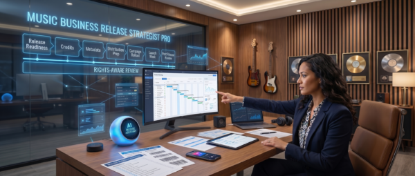 Music business strategist reviewing a release planning dashboard with stages for release readiness, credits, metadata, distribution prep, campaign rollout, launch week, and post-release review.