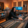 Music producer seated at a large studio mixing console with monitors, keyboard, microphone, and acoustic panels in a professional recording studio.