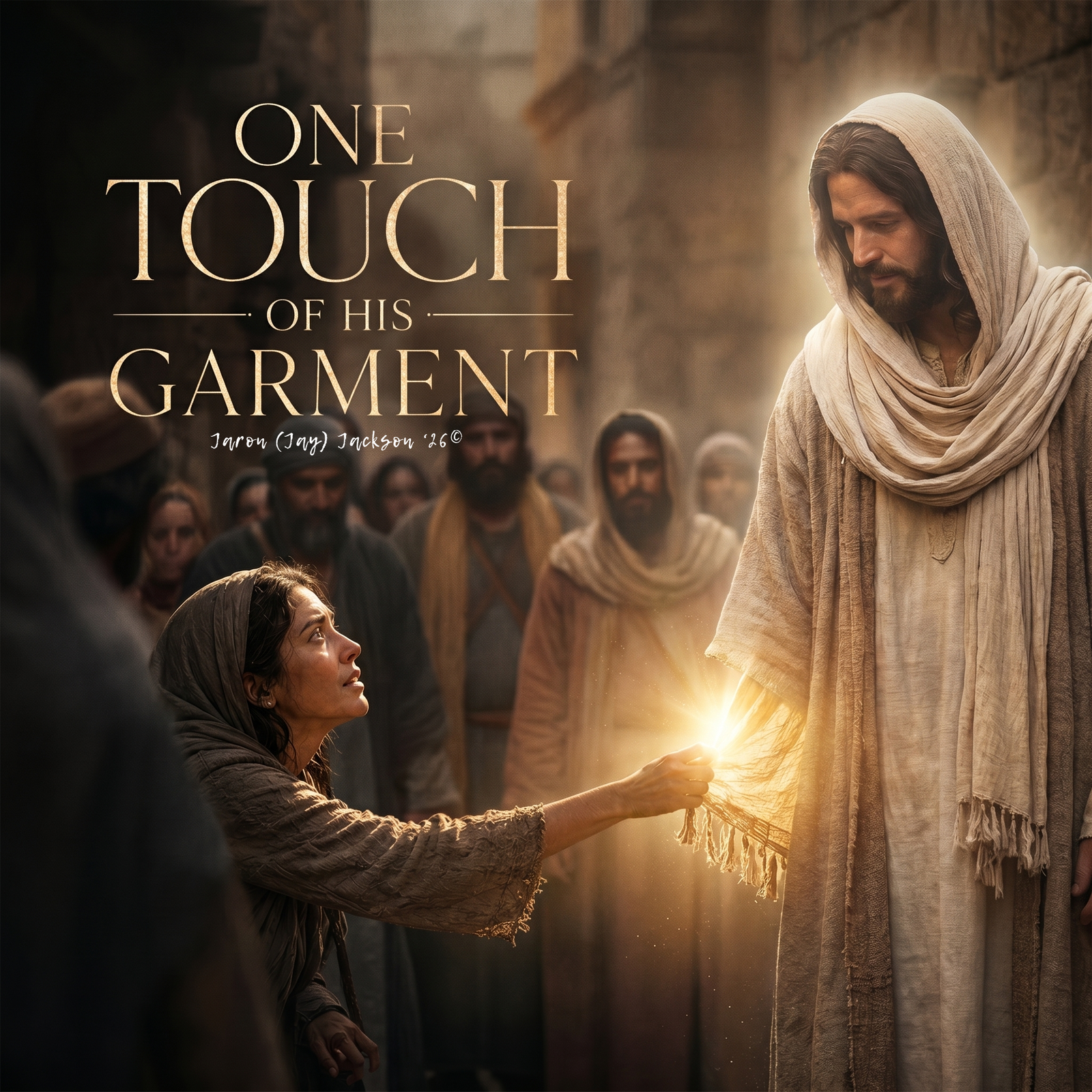 Album-cover artwork titled “One Touch of His Garment,” showing a woman reaching toward Jesus’ garment in a biblical crowd scene with warm golden light.