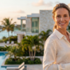 Property professional holding a tablet on a balcony overlooking a modern beachfront villa, pool, palm trees, and ocean.