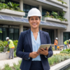 Property professional in a hard hat holding a tablet outside a modern building with solar panels, landscaping crews, and a reflecting pool.