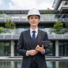 Professional property manager wearing a hard hat and holding a tablet outside a modern sustainable building with solar panels, glass balconies, landscaped greenery, and a reflecting pool.