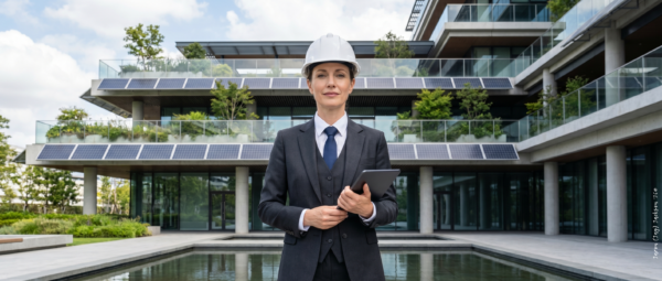 Professional property manager wearing a hard hat and holding a tablet outside a modern sustainable building with solar panels, glass balconies, landscaped greenery, and a reflecting pool.