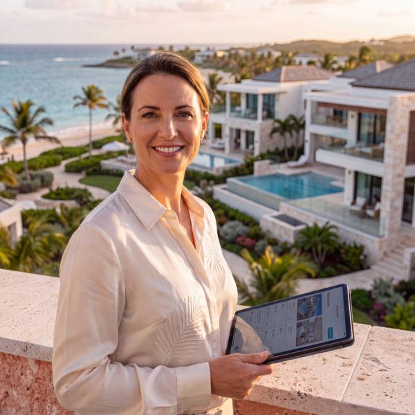 Property professional holding a tablet on a balcony overlooking luxury Caribbean villas and the ocean.