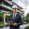 Professional property manager wearing a hard hat and holding a tablet in front of a modern residential building with landscaped outdoor spaces.