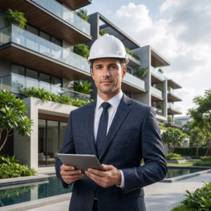 Professional property manager wearing a hard hat and holding a tablet in front of a modern residential building with landscaped outdoor spaces.
