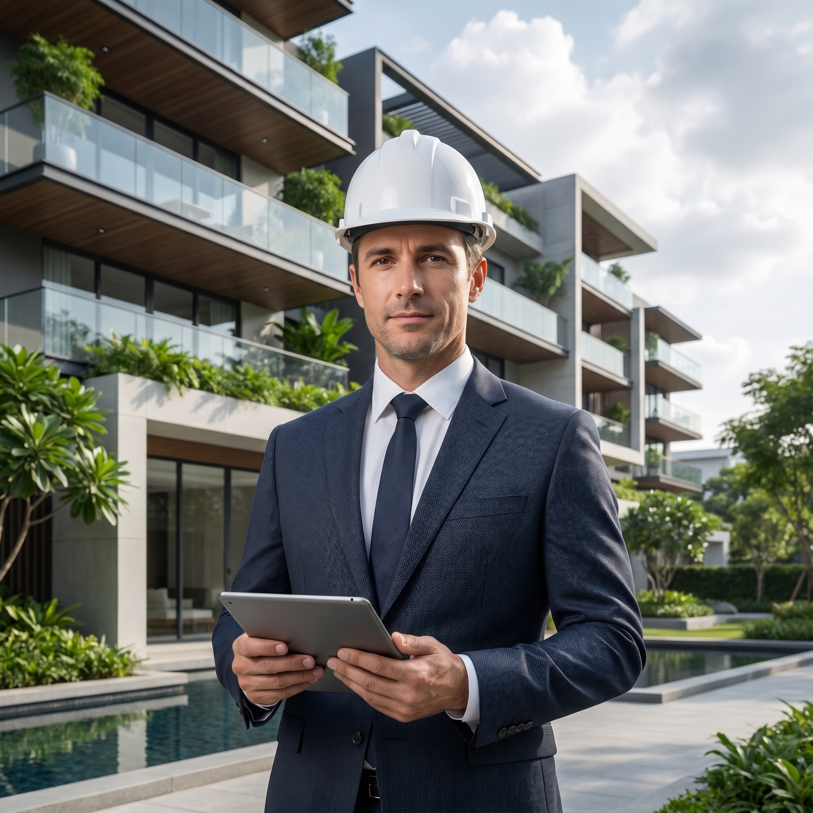 Property Management Pro - javascapeai.com Professional property manager wearing a hard hat and holding a tablet in front of a modern residential building with landscaped outdoor spaces.
