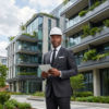 Property Management Pro - javascapeai.com Professional property manager wearing a hard hat and holding a tablet outside a modern apartment building with glass balconies and landscaped greenery.