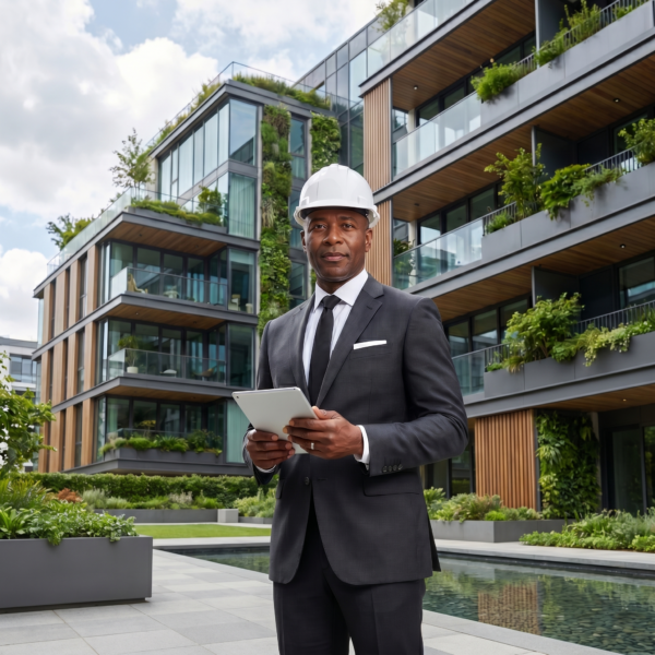 Professional property manager wearing a hard hat and holding a tablet outside a modern apartment building with glass balconies and landscaped greenery.