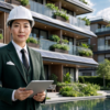 Property Management Pro - javascapeai.com Professional property manager wearing a hard hat and holding a tablet in front of modern sustainable apartment buildings with solar panels, landscaped greenery, and a pool.