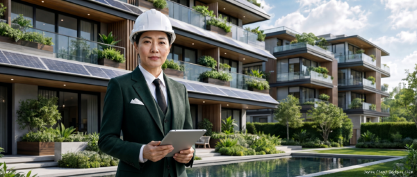 Property Management Pro - javascapeai.com Professional property manager wearing a hard hat and holding a tablet in front of modern sustainable apartment buildings with solar panels, landscaped greenery, and a pool.