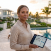Professional property manager holding a tablet beside a luxury beachfront property with a pool, palm trees, landscaped grounds, and ocean views at sunset.