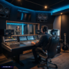 Recording engineer working at a studio console while a vocalist records through a microphone behind a glass booth, with studio monitors, audio screens, and JAVASCAPE AI branding visible.