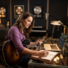 Songwriter Pro - javascapeai.com Songwriter writing lyrics with a guitar, notebook, and laptop in a professional music studio for Songwriter Pro.
