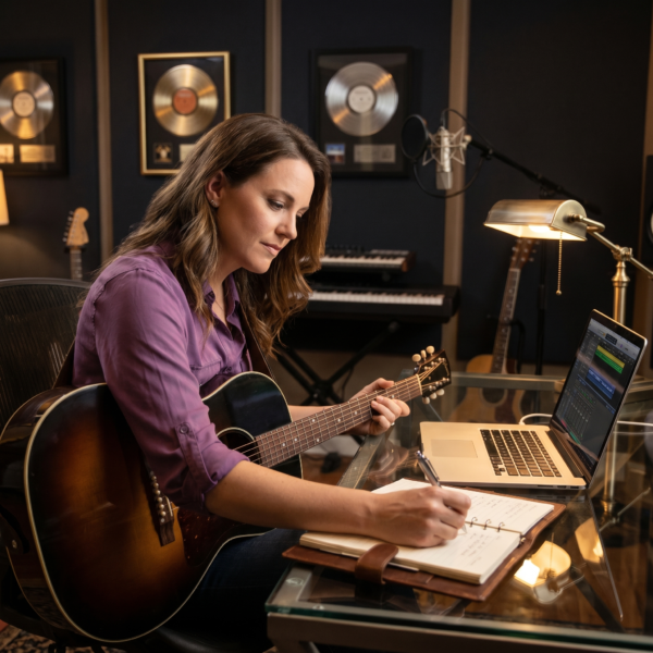 Songwriter Pro - javascapeai.com Songwriter writing lyrics with a guitar, notebook, and laptop in a professional music studio for Songwriter Pro.