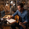 Songwriter Pro - javascapeai.com Songwriter with guitar writing lyrics in a notebook beside a laptop, studio microphone, headphones, and framed records.