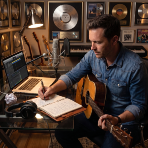 Songwriter with guitar writing lyrics in a notebook beside a laptop, studio microphone, headphones, and framed records.