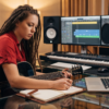 Songwriter Pro - javascapeai.com Songwriter with guitar writing in a notebook beside a laptop, studio microphone, monitors, and keyboard in a music studio.
