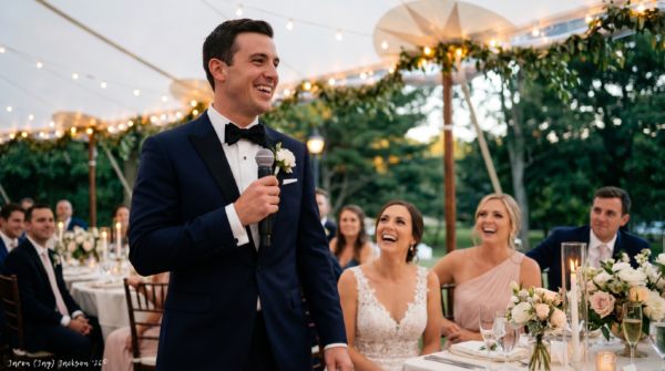 Man in a tuxedo holding a microphone while giving a wedding speech as seated guests smile and laugh under warm reception lights.