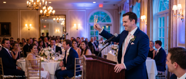 Speechwriter Assistant — Pro - javascapeai.com Man in a suit raising a champagne glass while giving a wedding reception toast from a podium as seated guests watch.