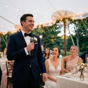 Man in a tuxedo holding a microphone while giving a wedding speech as seated guests smile and laugh under warm reception lights.