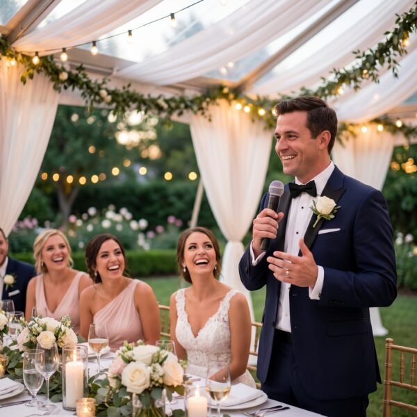 Man in a tuxedo holding a microphone while giving a wedding reception speech as the bride and guests smile under soft draped lighting.