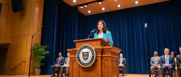 Speechwriter Assistant — Pro - javascapeai.com - Product Page 4 Woman speaking at a wooden podium on a formal stage with seated attendees, blue curtains, microphones, and warm auditorium lighting.