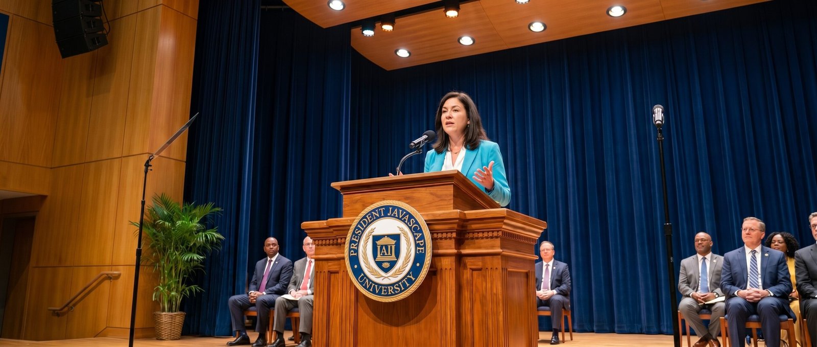 Speechwriter Assistant — Pro - javascapeai.com - Product Page 4 Woman speaking at a wooden podium on a formal stage with seated attendees, blue curtains, microphones, and warm auditorium lighting.